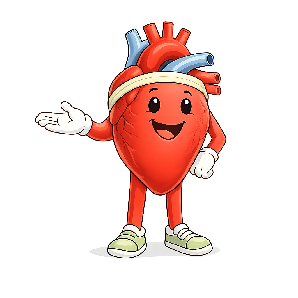 HeartStrong mascot in an open teaching pose for heart failure basics.