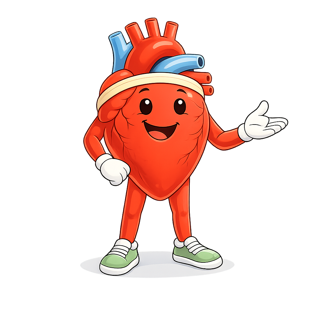 HeartStrong mascot in a strong coaching stance for treatment training.